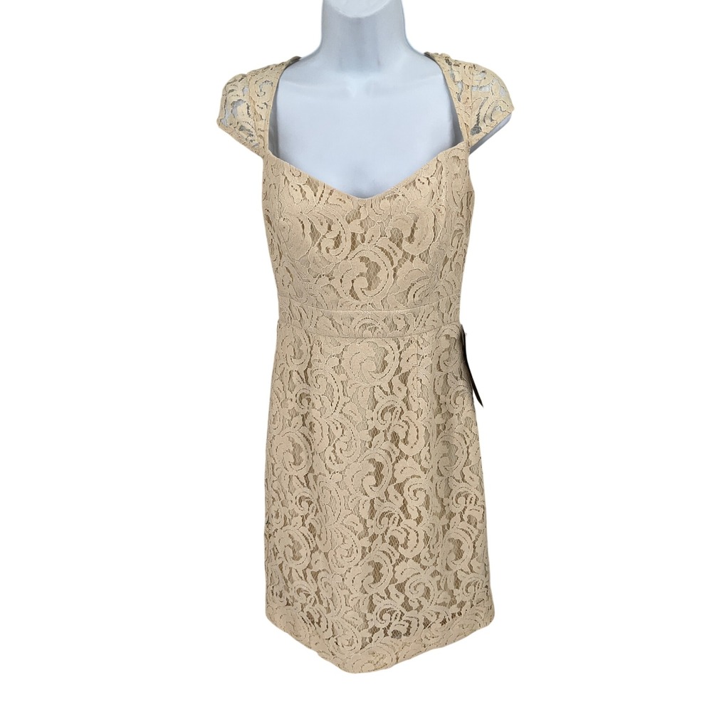 J.Crew Lace Sheath Dress Women 2 Beige Floral Cap Sleeve Cocktail Wedding
